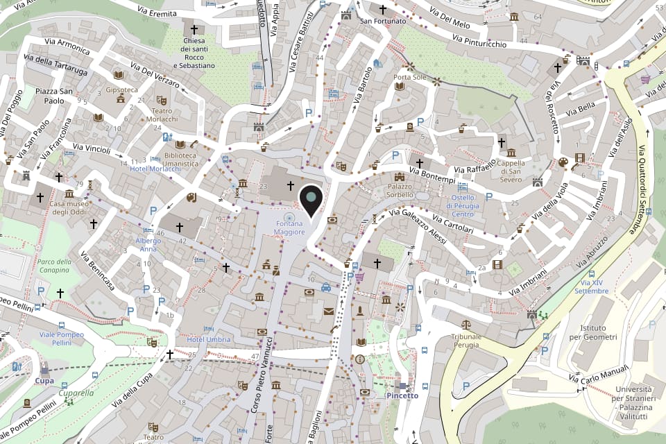 Mappa del centro di Perugia con la posizione dello studio in Piazza IV Novembre (apre OpenStreetMap)